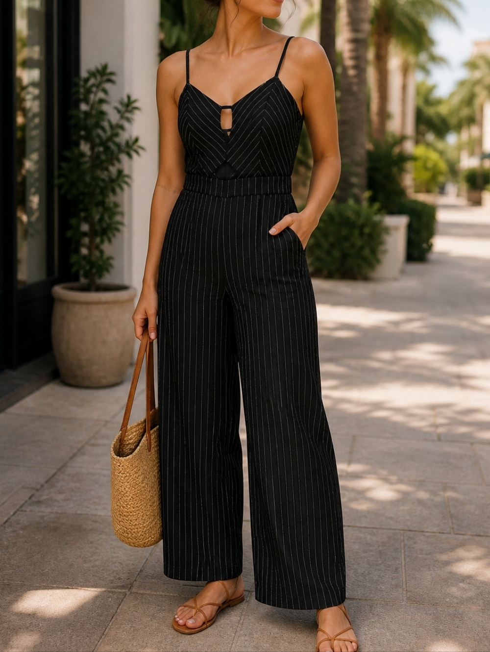 Main Strip Black Pinstripe Wide Leg Jumpsuit Strappy Cutout Romper